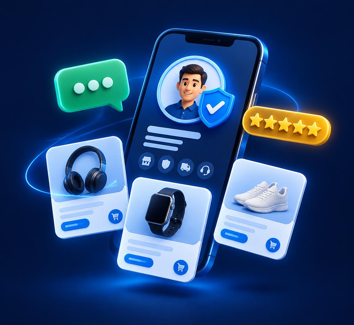 Verified seller profile with products, WhatsApp chat and star reviews
